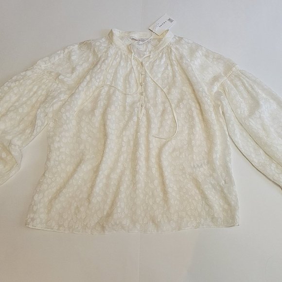 FRAME Spot Jacquard Silk Blend Smocked Peasant Top In Off White - Picture 8 of 16